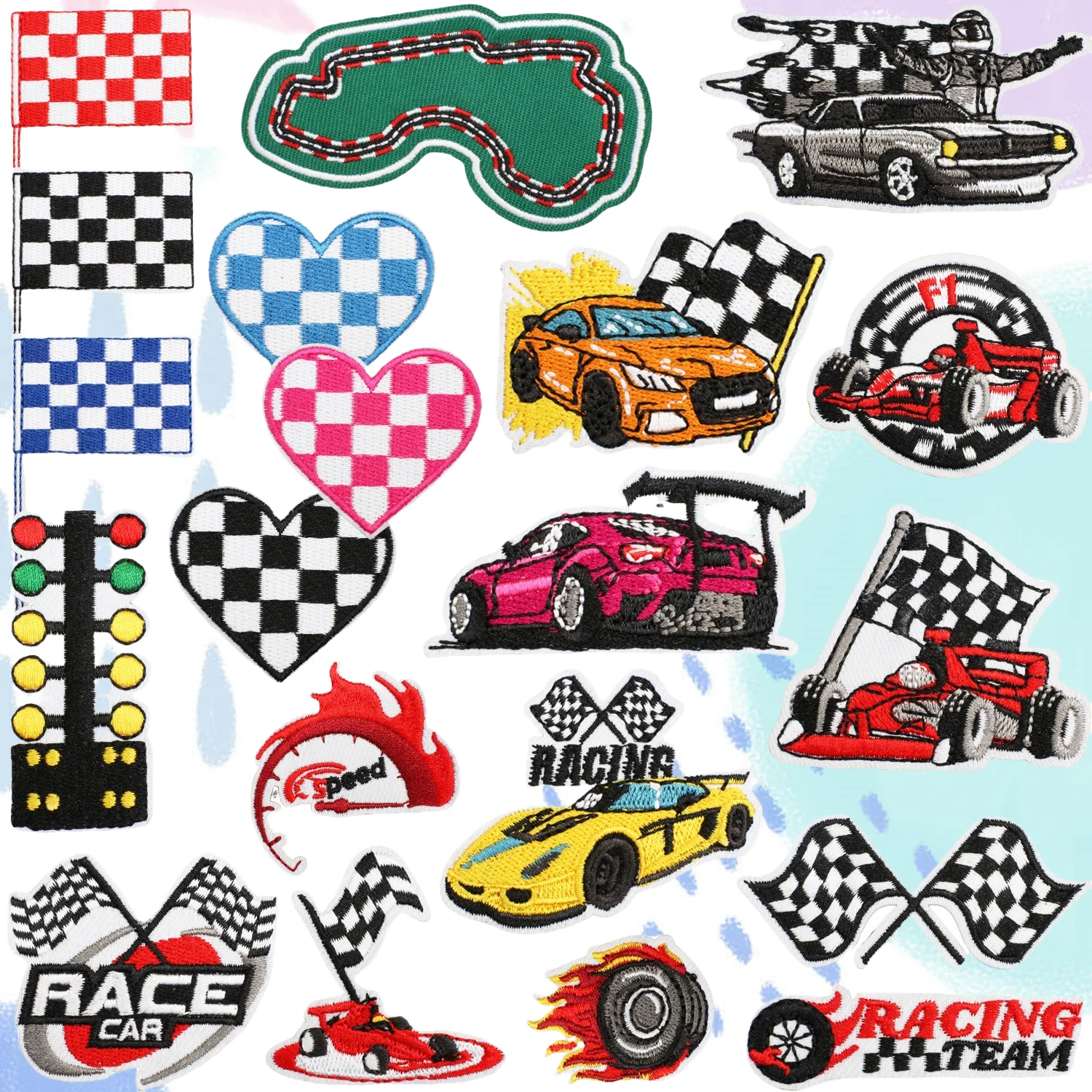 1Pcs Cartoon Race Car Flag Thermoadhesive Patches Embroidery Iron On Clothes Jeans Apparel Decoration Appliques Sewing Clothing