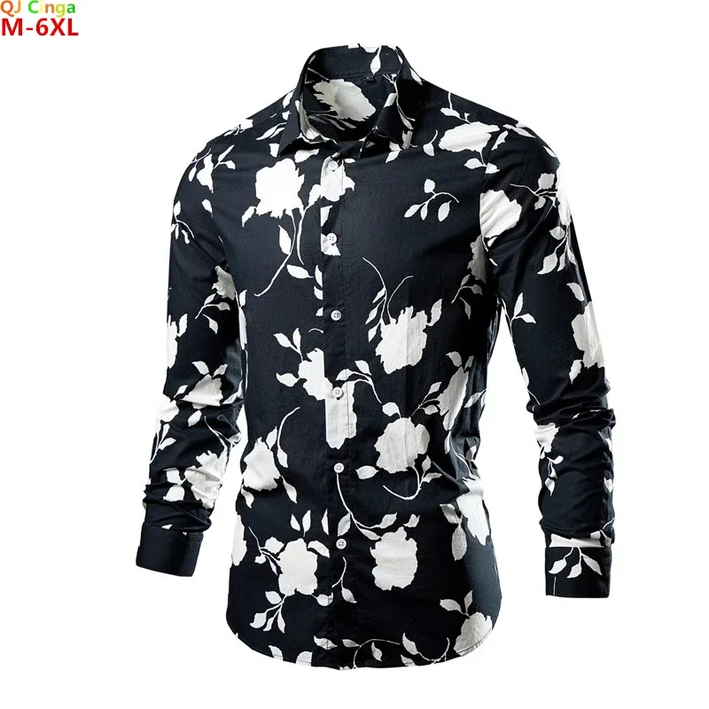 Camisa blanca de manga larga para hombre, Camisa de algodón con estampado negro, 22 colores a elegir, blusa de cuello cuadrado de un solo pecho, M-5XL 6XL