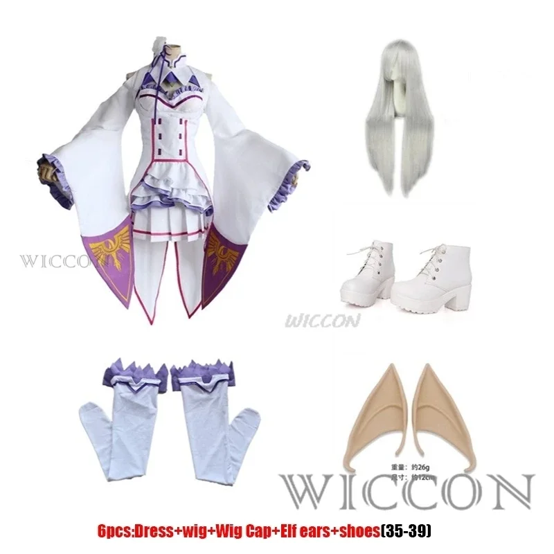 Anime Emilia Cosplay Rezero Kostüm Schuhe Cosplay Kostüm Lolita süße Perücke Frauen Kleid Halloween Kostüme für Frauen Elf Ohren