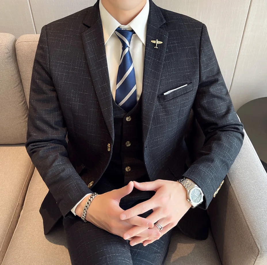 Men's Slim-fit 3-Piece Wedding Groom's Suit Vest Trousers High-end Fabric Double & Single Buckle Options M-4XL 2025