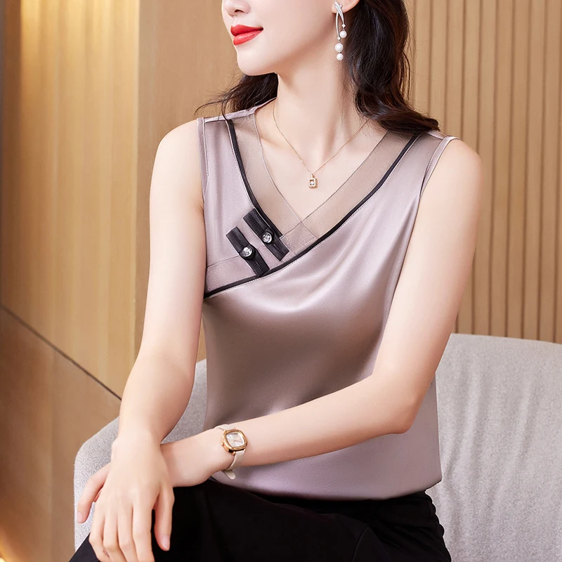 New Chinese style Women Tank top 2024 Spring Summer Silk Satin Vest V Neck Sleeveless Casual Camisole