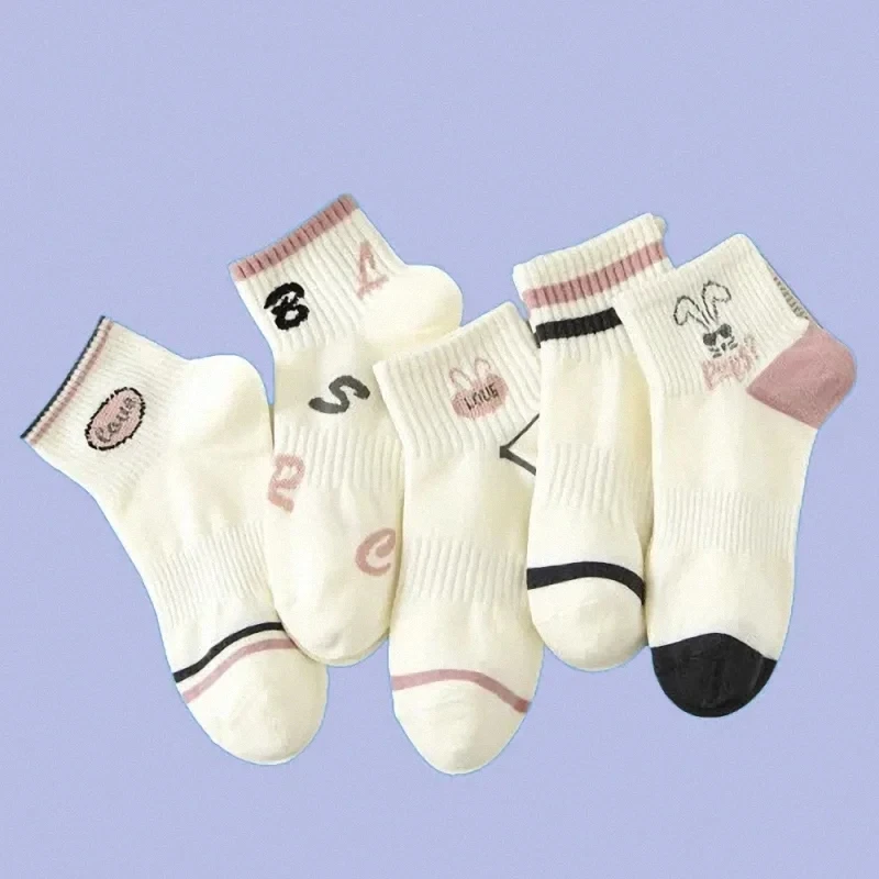 Chaussettes de sport en coton lapin rose pour femmes, chaussettes à bouche peu profonde pour étudiants, chaussettes carillon roses, haute qualité, nouveau, 5/10 paires