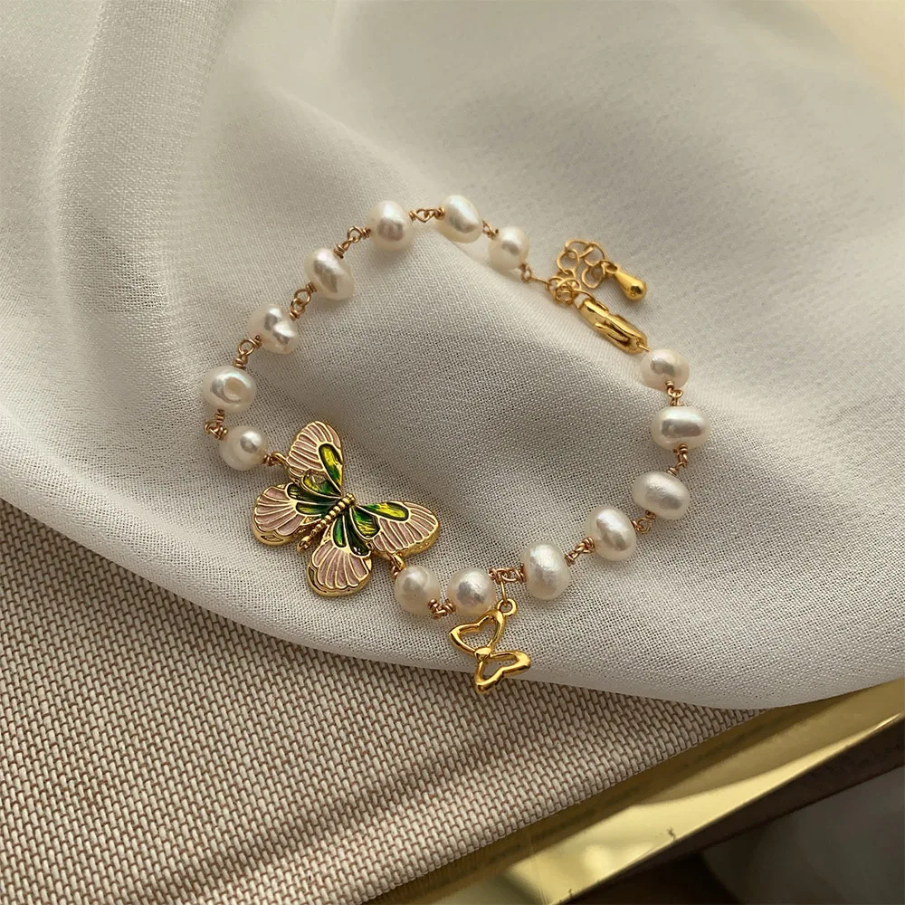 

Trendy Irregular Baroque Pearls enamel glazed butterfly handchain bracelet for women‘s girl party gift jewlry whosale