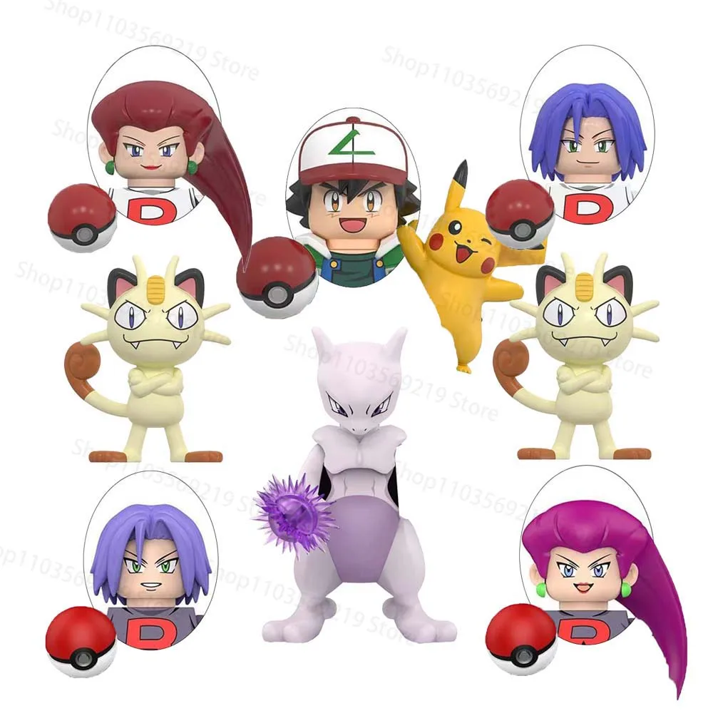 Figurines de Dessins Animés pour Entraîneurs d'Animaux de Compagnie : Briques de Construction Jessie, James et Meowth – Modèles Éducatifs, Figurines d'Action, Puzzles, Jouets de Collection, Cadeaux