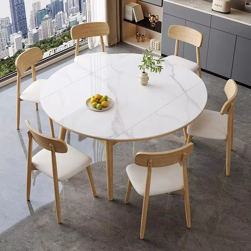 Extendable Sintered Stone Dining Table Solid Oak Frame Modern Rectangular-Oval Kitchen Table For 6-8 People Space Saving