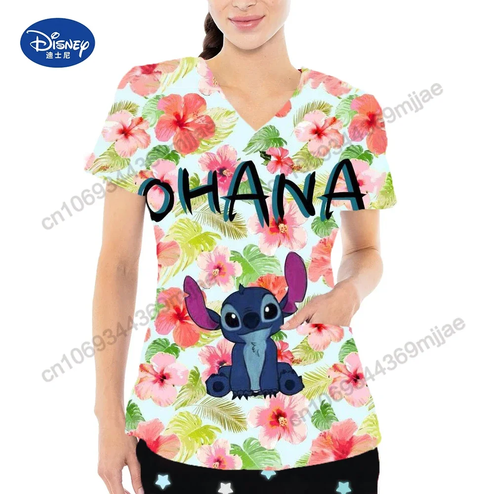 Casual and comfortable short sleeved clothing with Disney cartoon pattern V-neck large pocket design style T-shirt summer top