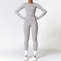 Conjunto de Yoga Sportswear para mulheres, roupas fitness, roupas de manga comprida, roupas esportivas, ginásio, leggings de cintura alta, 2 peças