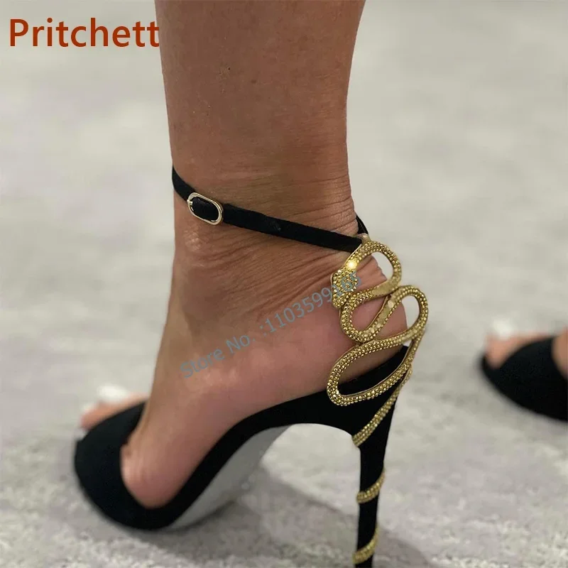 

Snake Cross Black Gold Sandals Buckle Strap High Heel Dress Shoes Solid Slingback Runway Shoes Summer Sexy Fashion Luxury