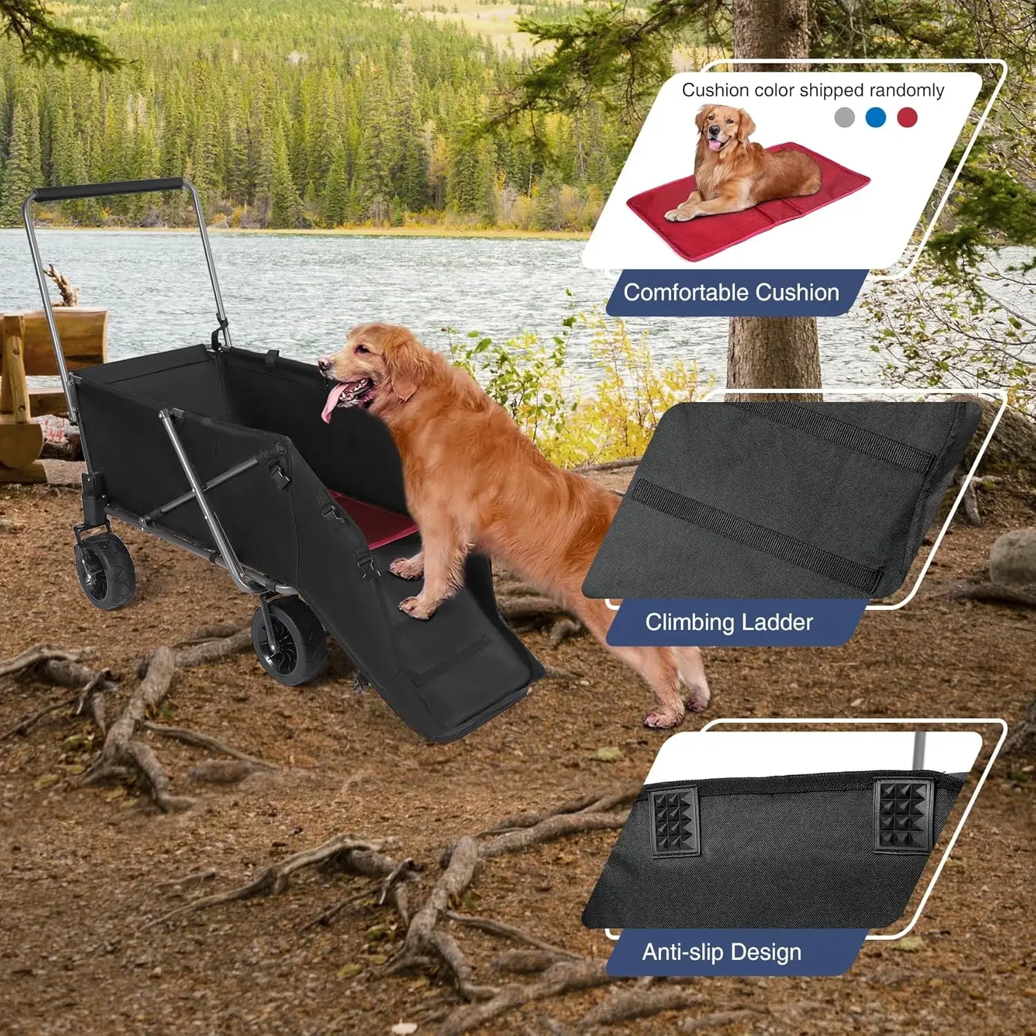 Folding Dog Wagon Cart with Extendable Rear End Heavy Duty, 220L Large Collapsible Utility Cart Dog Stroller with Tailgate