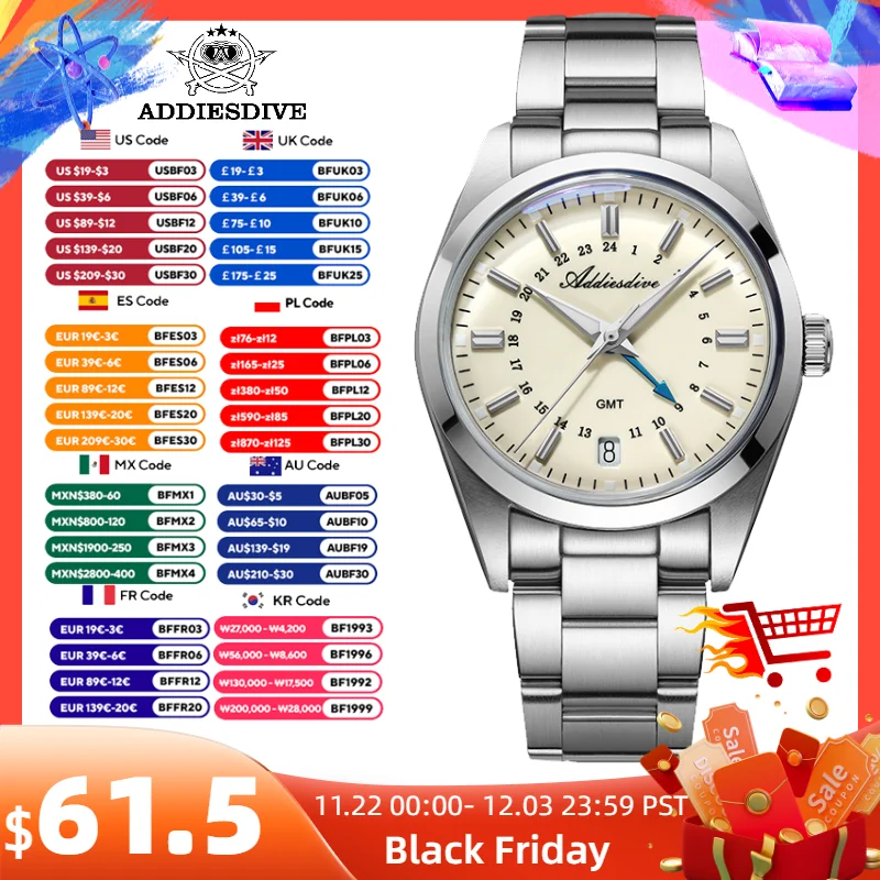 ADDIESDIVE New GMT Watch Men 100m Waterproof 36mm AR Coating Calendar 316L Stainless Steel Domed Glass Dress Men's Watch AD2065