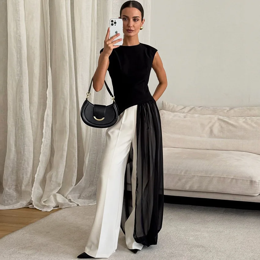 

KELLYTOWN Black Maxi Dress Sheer Chiffon Panel Women Split Dresses O Neck Sleeveless High Waist Asymmetric Party Dress Cover Up