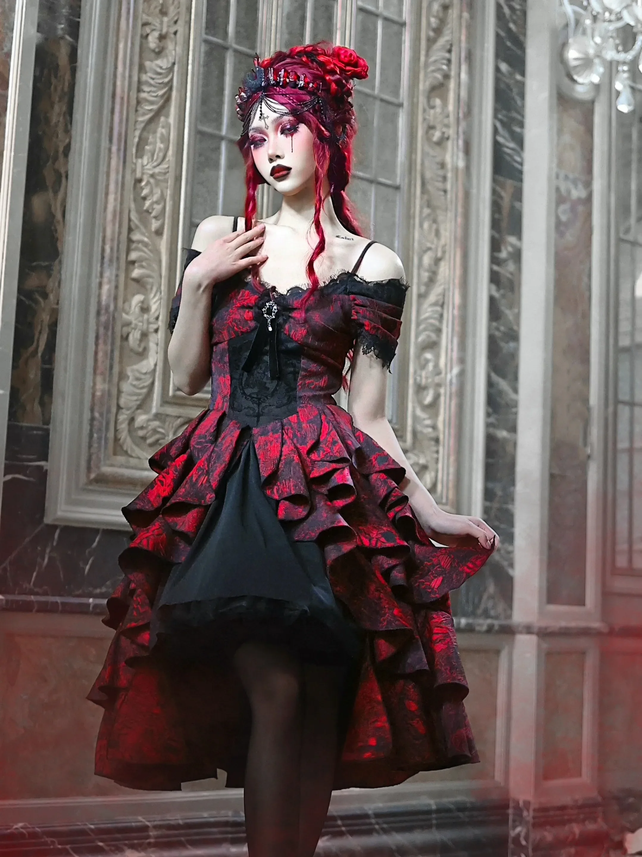 blood supply original Gothic red ball gown dress off shoulder short sleeve spaghetti dress black mesh goth punk wave dress