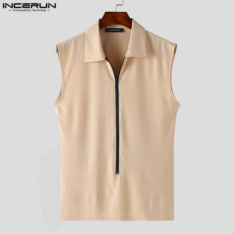 Stylish Casual Style Tops INCERUN New Men Zipper Design T-shirts Streetwear Male Solid All-match Lapel Sleeveless Camiseta S-5XL