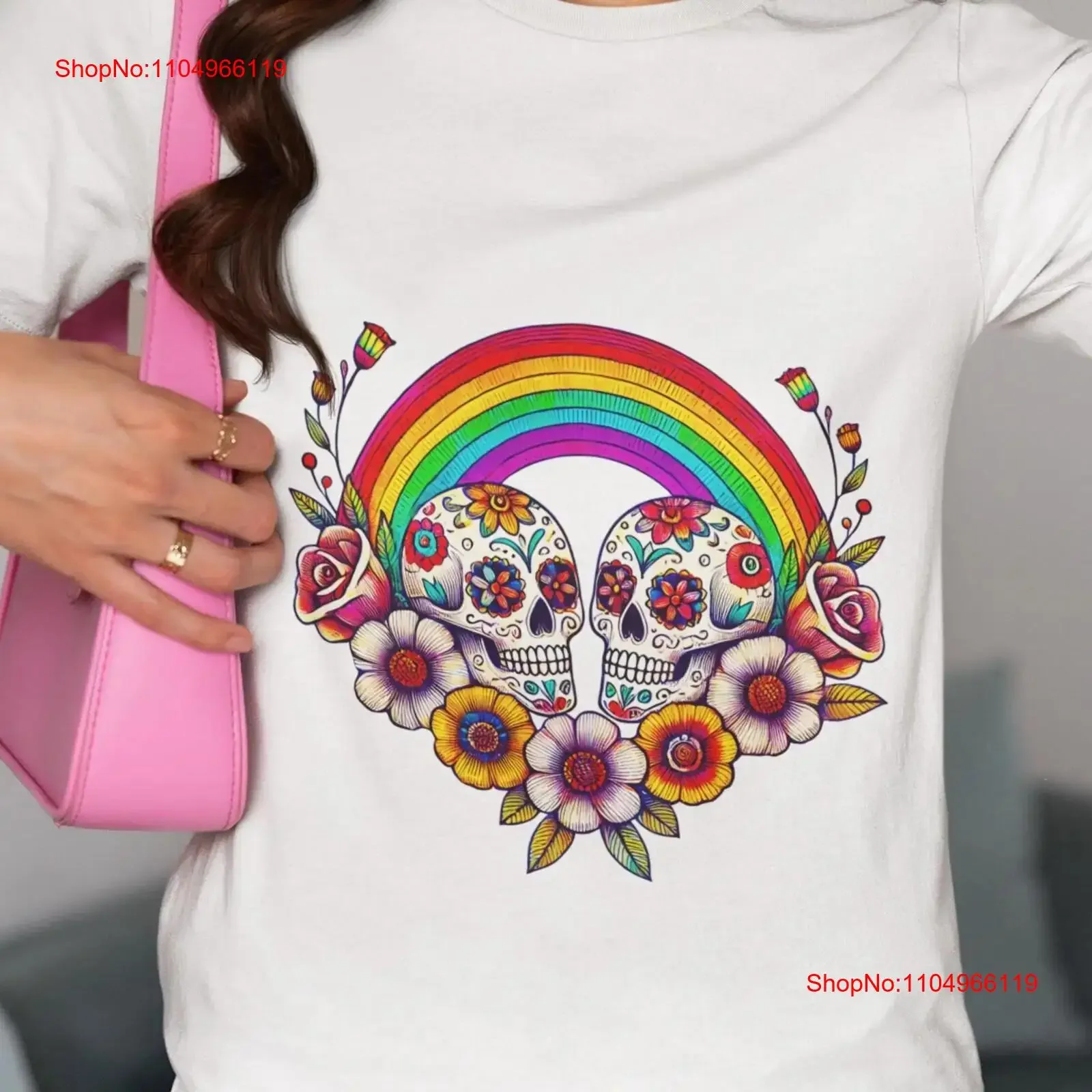 

Rainbow Sugar Skulls with Floral Accents T Shirt Day of the Dead Inspired Novelty Unique Goth Skull Design Flowers Top vintage