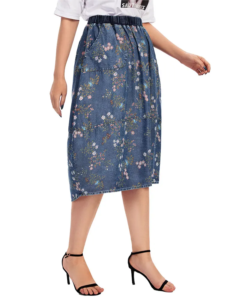 Saia jeans casual feminina plus size cintura alta linha na altura do joelho azul vintage saias largas para mulheres plus size
