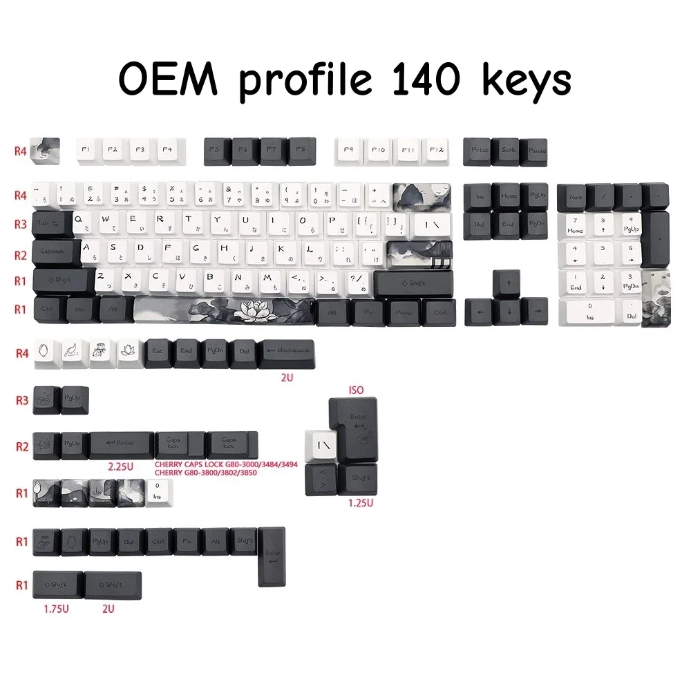 140 Keys Ink Lotus Flowers Keycap Dye sublimation Keycaps For MX Switches dz60 RK61 Anne Pro2 gk61 DZ60 gk68 980 108 ISO Key Cap