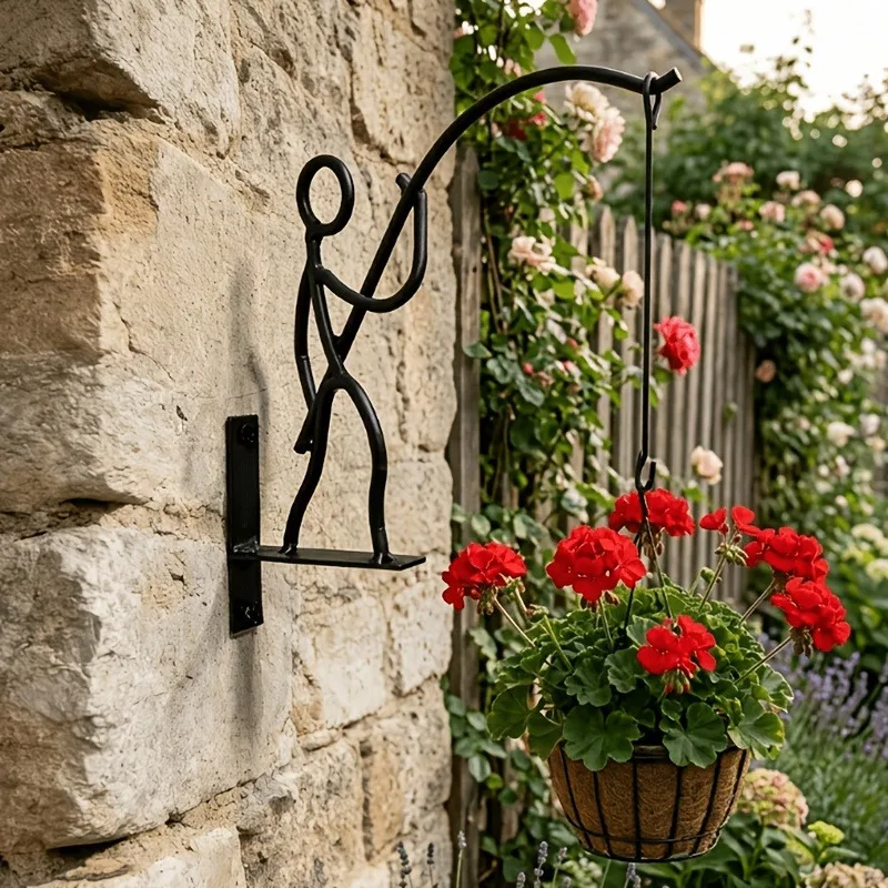 3pcs Lockable Iron Fishing Man Wall Hook Outdoor Use Heavy-Duty Metal Fishing-Themed Hanging Decor with Painted Lockable Holder