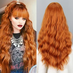 Long orange wig with bangs wavy curls bangs synthetic women's orange long wig natural appearance suitable for daily