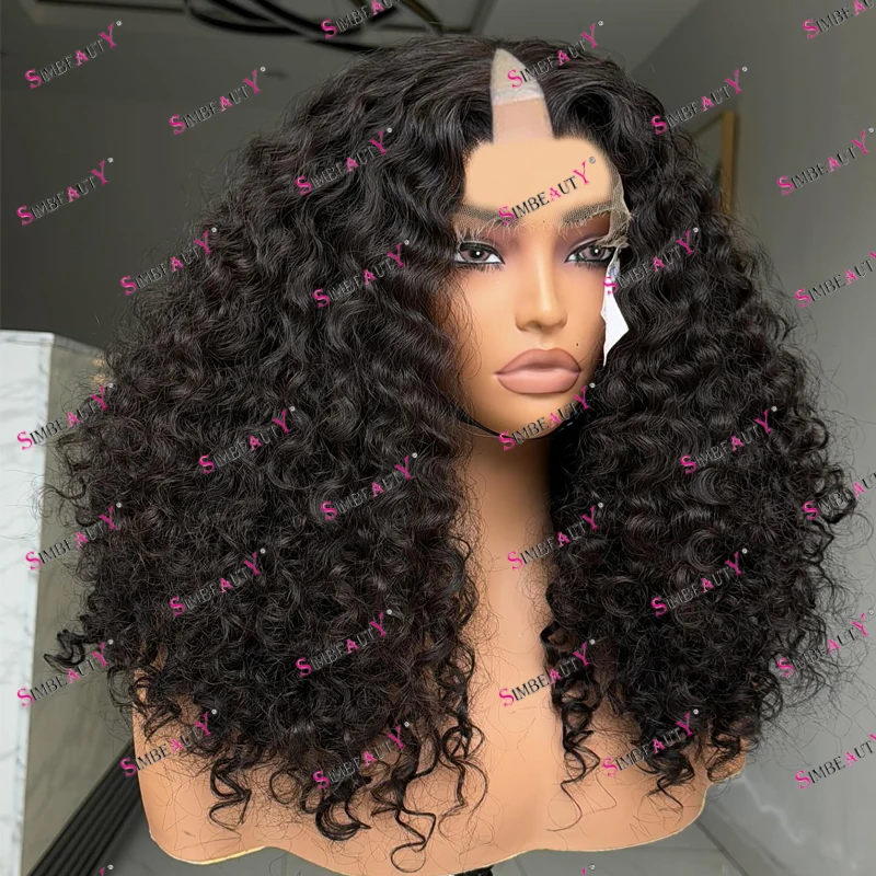 Deep Curly/Body Wave Human Hair Adjustable Full Machine Made V Part Wigs for Black Women Dark Brown Natural Black V Shaped Wigs