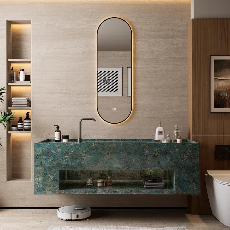 

Light luxury Amazon green rock slab integrated basin hanging rock slab