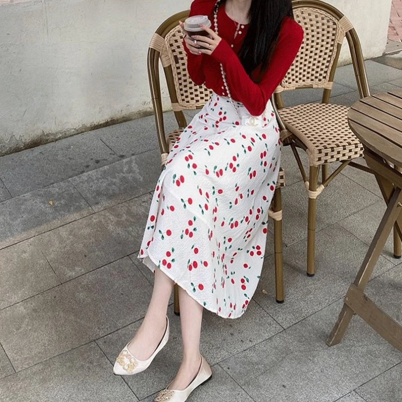 Women's Petite High Waist A Line Flared Midi Skirt Cherry Floral Flattering New Spring Summer Style