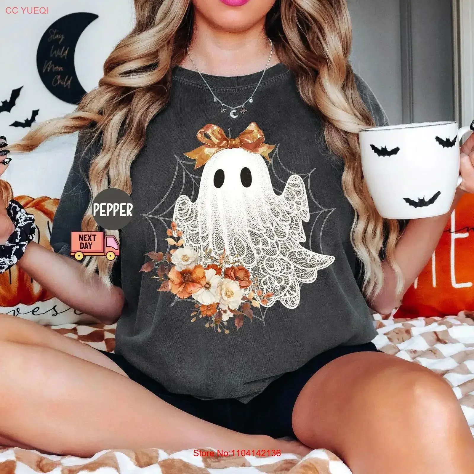 

Halloween Lace GhosT T Shirt Cut Floral Spooky Fall Coquette Bow Girl vintage Washed Stylish homme graphic Breathable Unisex