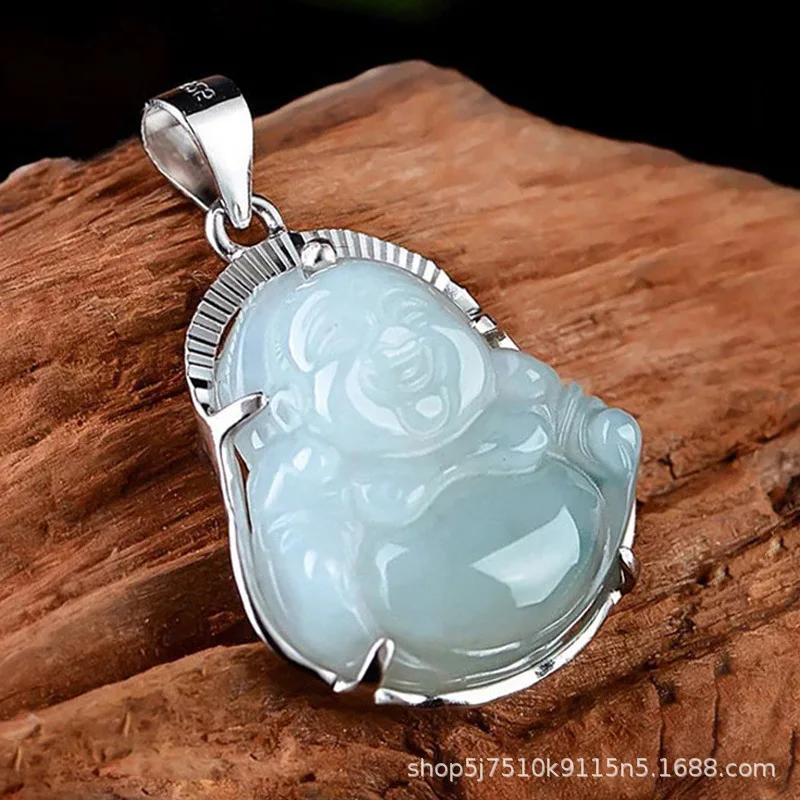 Junyu S925 silver inlaid natural high-end jade pendant Buddha Gong Southeast Asia Myanmar jade factory straight hair accessory