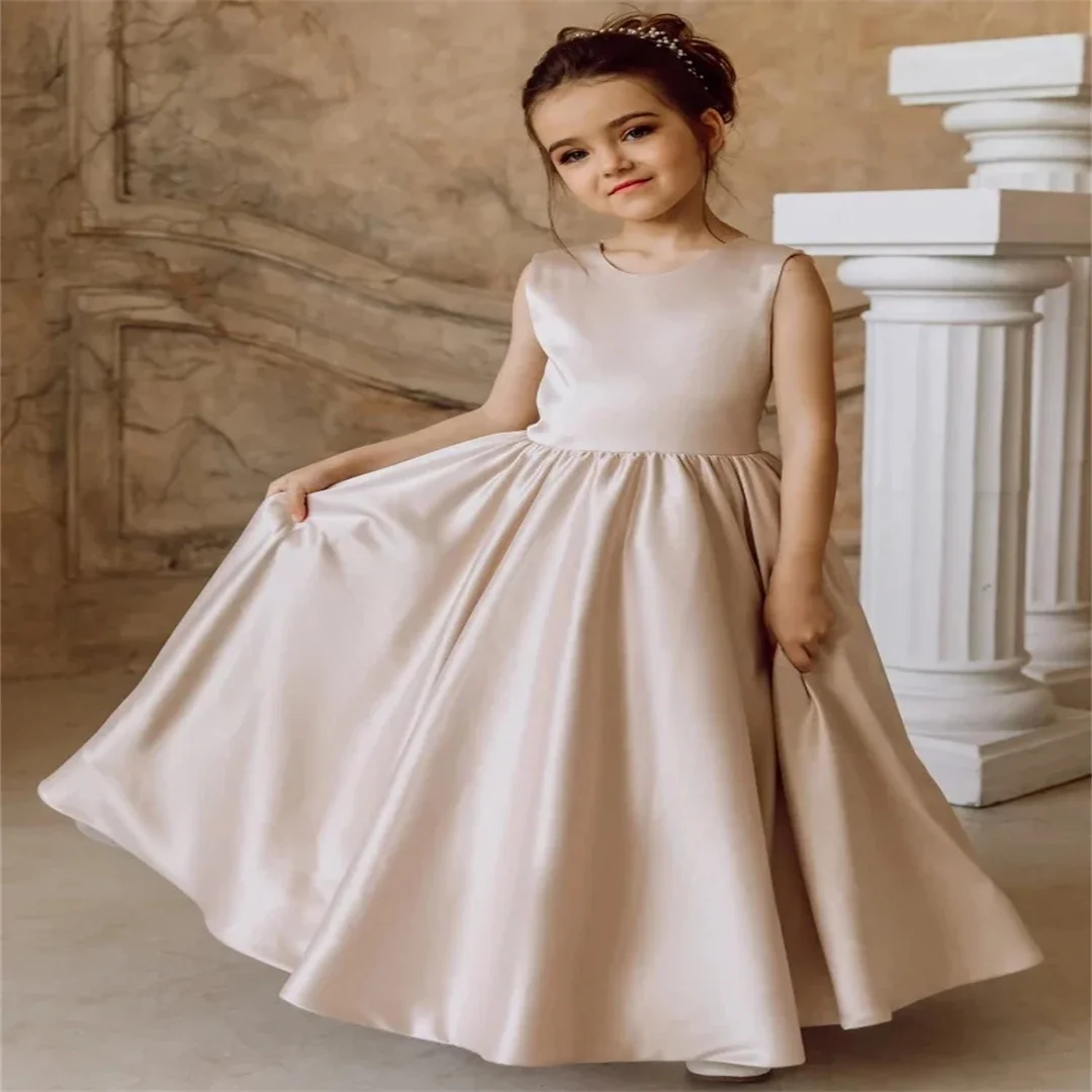 

Dusty Pink Satin White Appliques Sleeveless For Wedding Birthday Party First Communion Gowns Flower Girl Dresses