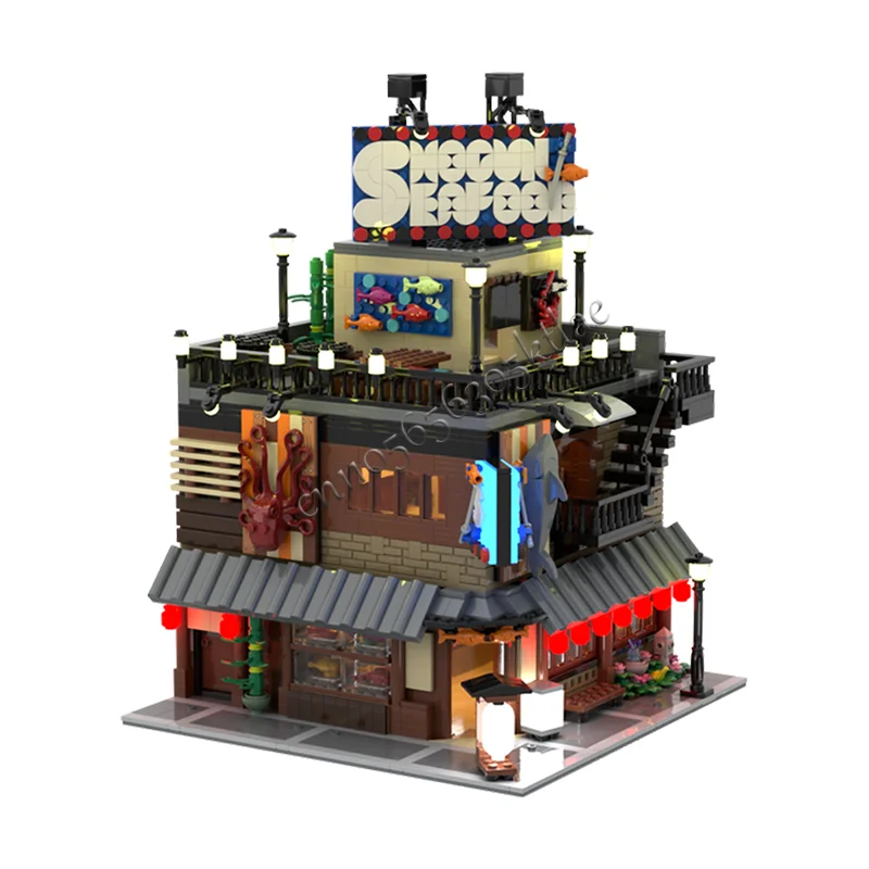 2765 قطعة MOC الإبداعية مدينة عرض الشارع وحدات المأكولات البحرية مطعم نموذج العمارة بنة طفل الجمعية الطوب لعبة هدية