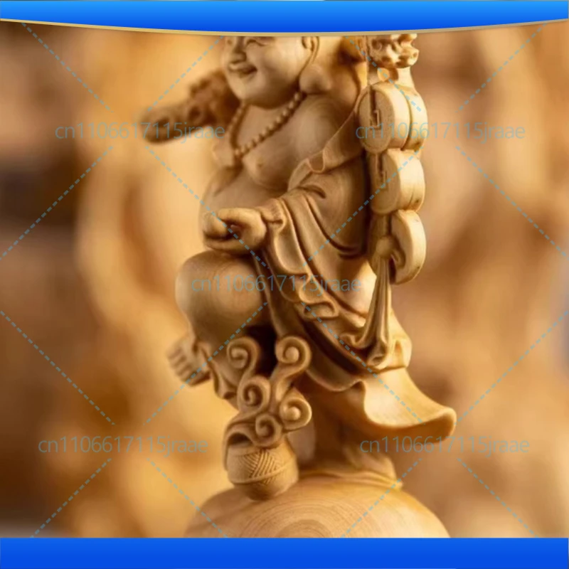 Natural Cypress Cloth Bag Maitreya  Laughing Buddha Statue，Lucking ornaments ,Home Room Office Feng Shui Characters Statue
