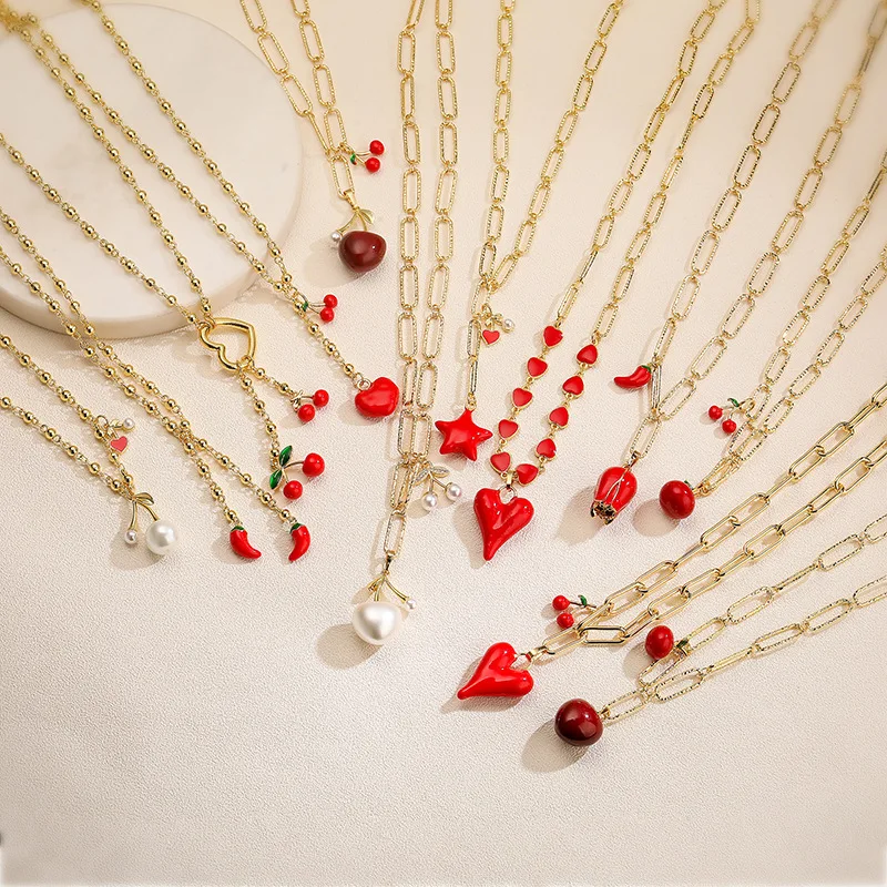 Red Cherry, Apple, Chili Pepper, Pearl Necklace, Female Niche, Creative Love, Five Pointed Star, Round Bead, Collarbone Chain