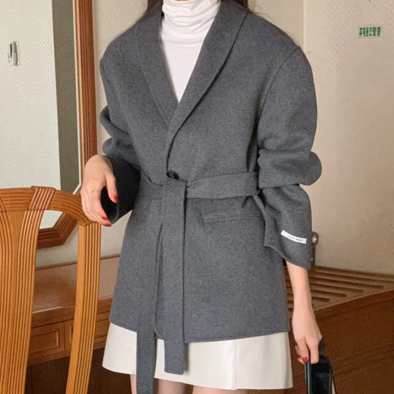 Casaco de mistura de cinto com decote em v coreano chique solto casual manga longa topo 2024 outono inverno elegante sólido lã outwear jaquetas femininas