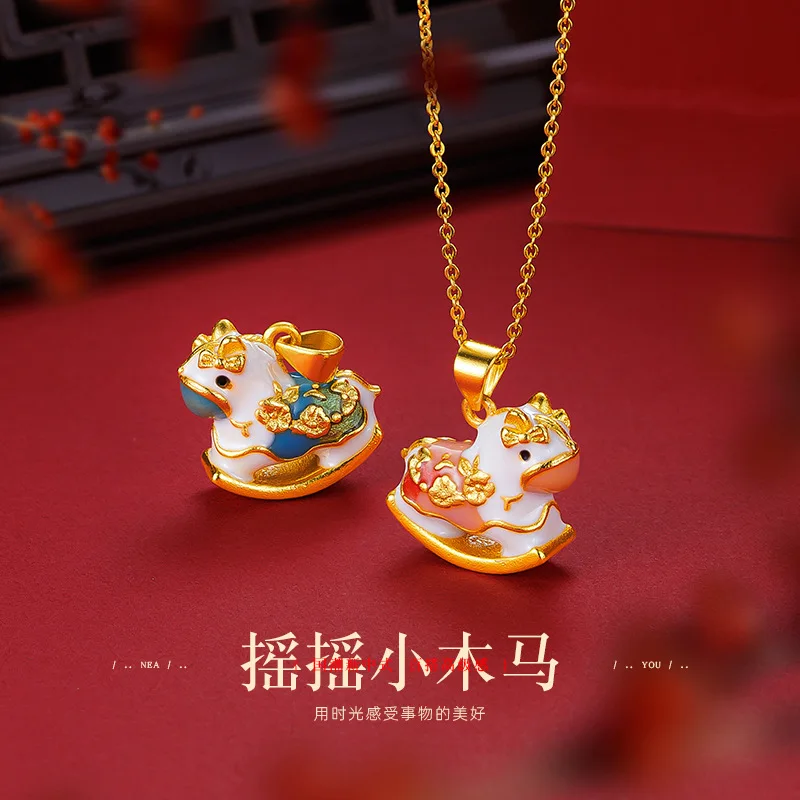 

Women's 9999 24K Real Gold Enamel Color Panama Color Cartoon Rocking Horse Necklace Pendants Cute Gift for Girlfriend Girl