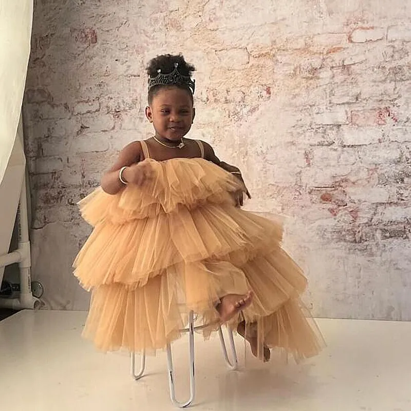 Champagne Flower Girl Tulle Skirts Tiered Long Spaghetti Straps Kids Tutu Skirt  Girls Birthday Wear For PhotoShoots Custom Made