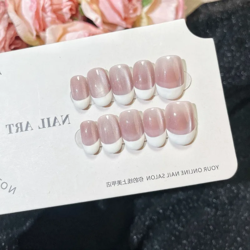 

10Pcs Sweetheart False Nails Short Oval Shape with Pink Cat Eye&White French Nail Art Tips for Women&Girls Nail Beauty Look