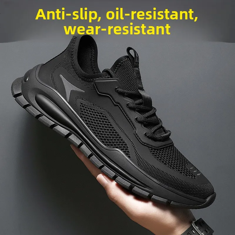 

Pure Black Men's Shoes Breathable Mesh Sports Work Shoes Anti-Slip Waterproof Oil-Resistant Kitchen Work Office Shoes