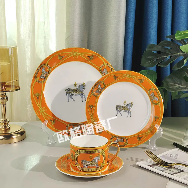 

Light Luxury Vintage Bone China Western Steak Plates Hotel Dinner Flat Plates Cup Saucer Combination
