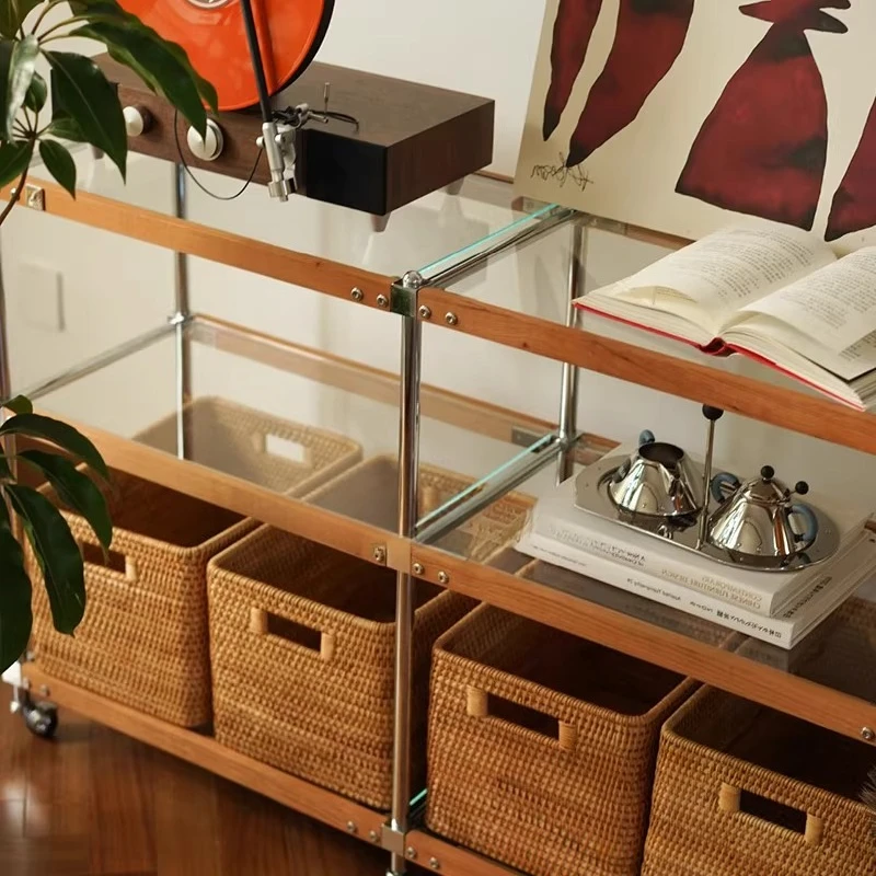 

Medieval solid wood rack trolley movable wall multi-layer storage display rack side cabinet retro wheeled edge few