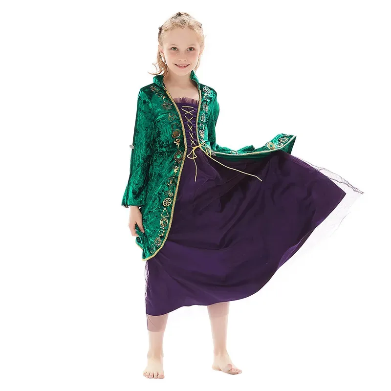 Bambini Ragazze Hocus Cosplay Pocus Strega Mary Sarah Winifred Abito a maniche lunghe Mantello Costume di Halloween Colletto alla coreana Abito a tunica