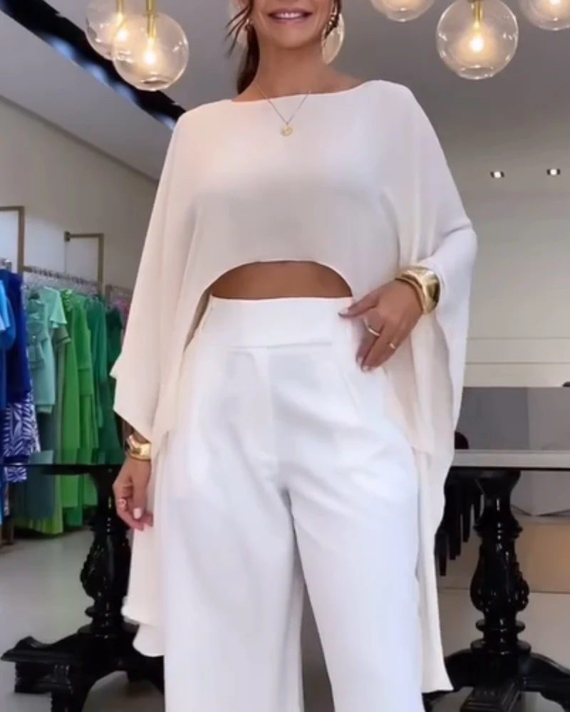 

Round Neck Long Sleeved Solid Color Asymmetrical Top, Summer Women's Fashionable British Style High-End Chiffon Shirt Top