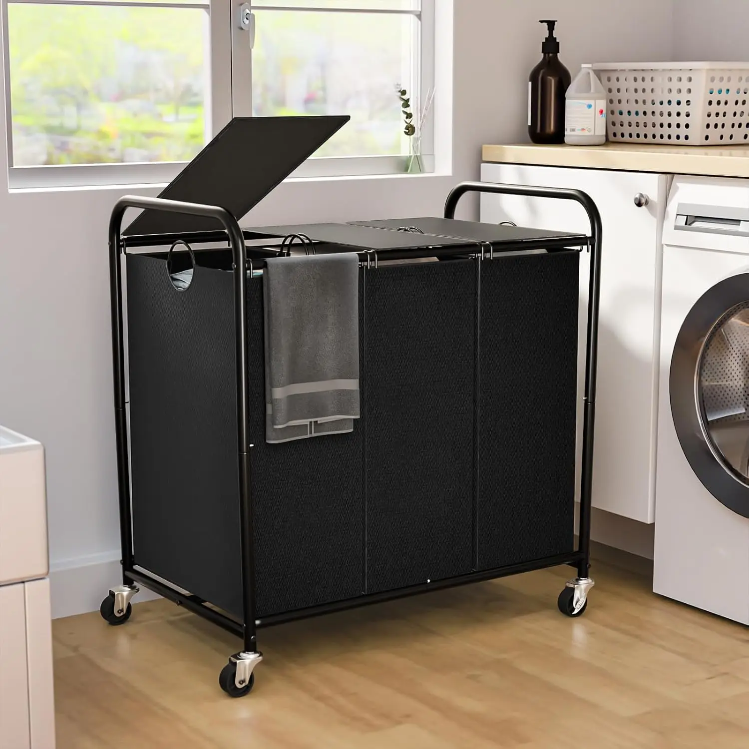 

180L Rolling Laundry Sorter with 3 Removable Bags, Lockable Wheels and Lid, Black Organizer for Dirty Clothes