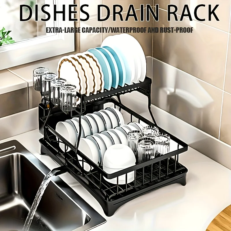 

2-Tier Double Dish Rack, 360° Drainage Design, Cutlery Drying Rack, Cutlery Drain Tray, 4 Cup Holders