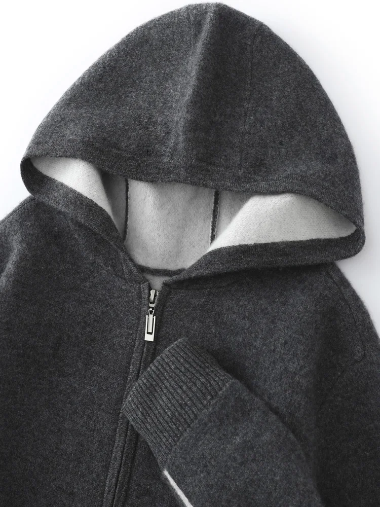 

MEETCC Men's Cashmere Hooded Cardigan Autumn Winter Air Layer Thickened Warm Knitwear Sport Casual Sweater 100% Cashmere Jacket