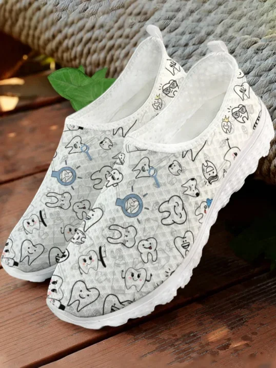 White Cartoon Teeth Print Mesh High Quality Sneakers Women Men Teenager Casual Fashion Custom Made Tennis Flat Couple Shoes