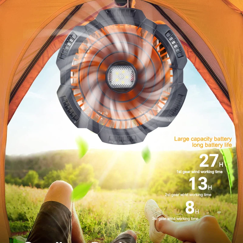 

Multifunctional Camping Fan With LED Light 5000mAH USB Charging 3 Speed Adjustable Remote Control Dimming For Tent