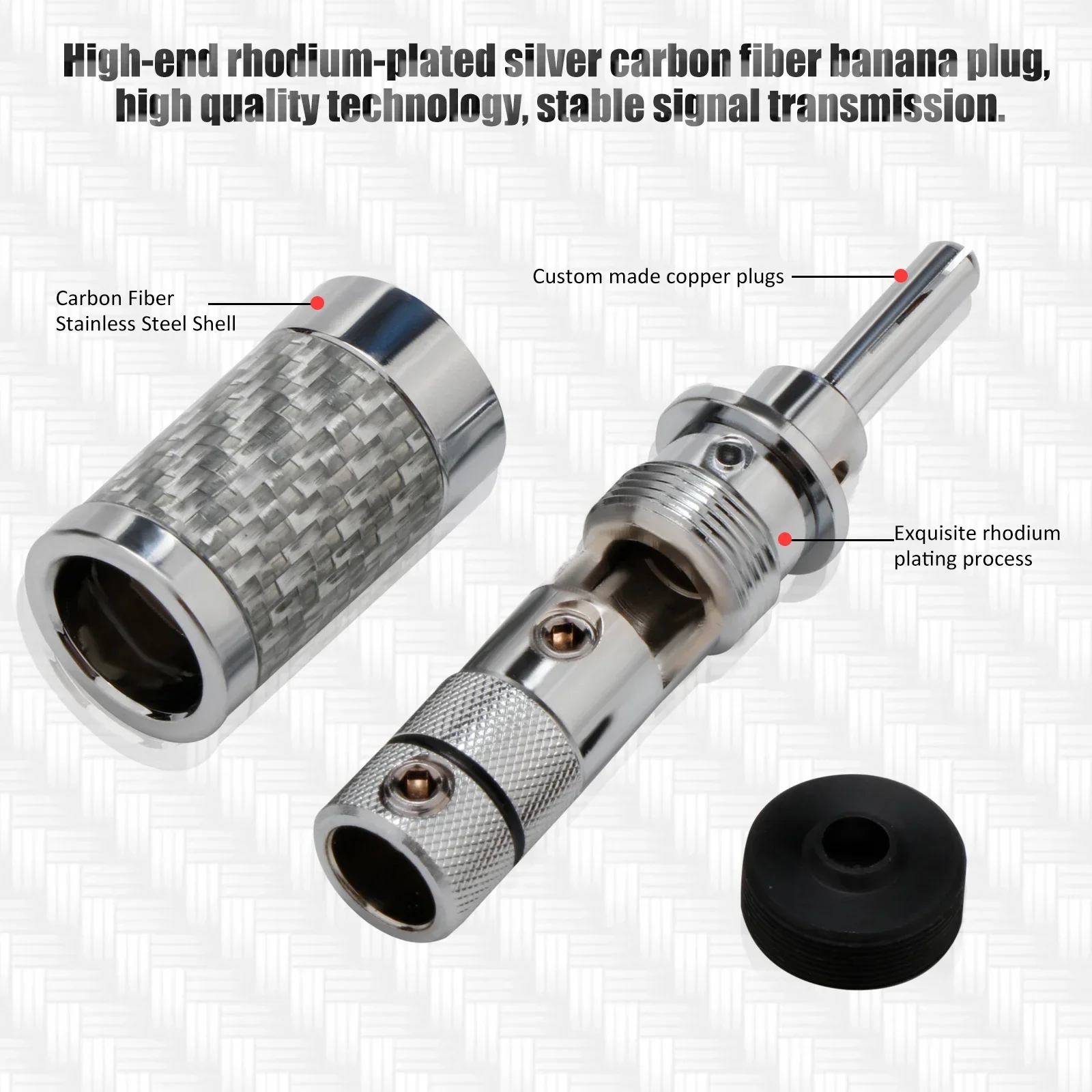 Preffair 4 Stück Audio-Stecker, Bananenstecker mit rhodiniertem, schwarzem Kohlefaser-Stecker, Lautsprecherkabel, männlich, 9 mm, BA1463