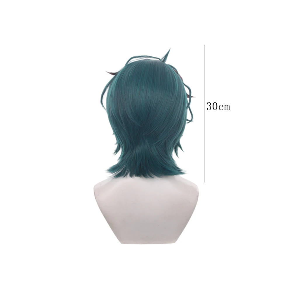 Dark Teal Green Short Spiky Messy Mullet Cosplay Wig with Red Streaks Synthetic Heat Resistant for Men Anime Halloween