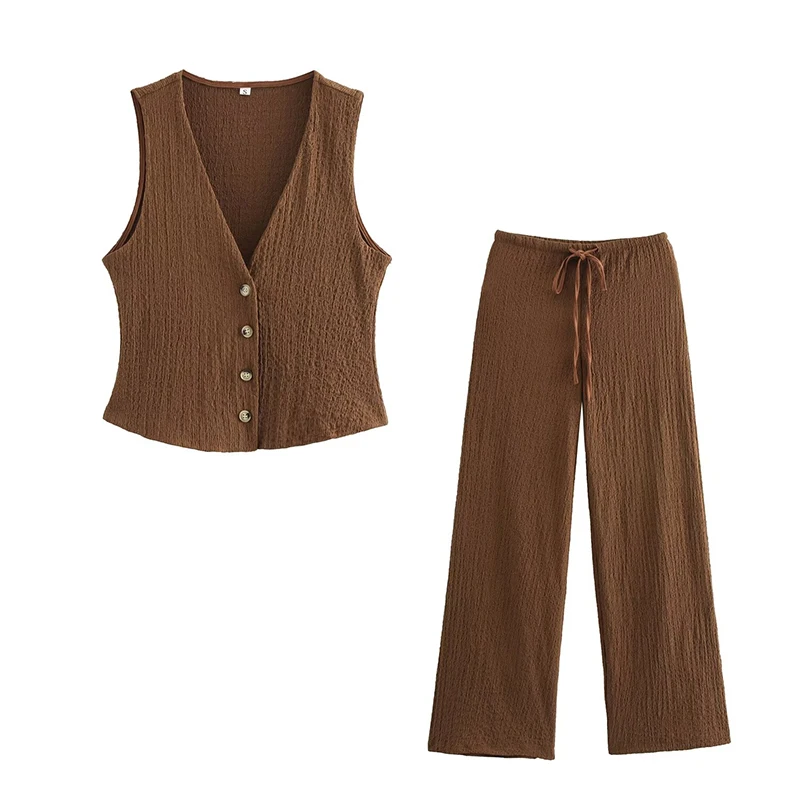 2025 Fashion Sleeveless Short Vest High Waist Trousers Solid Single Breasted Tank Tops & Vintage High Elastic Waist Pants Female