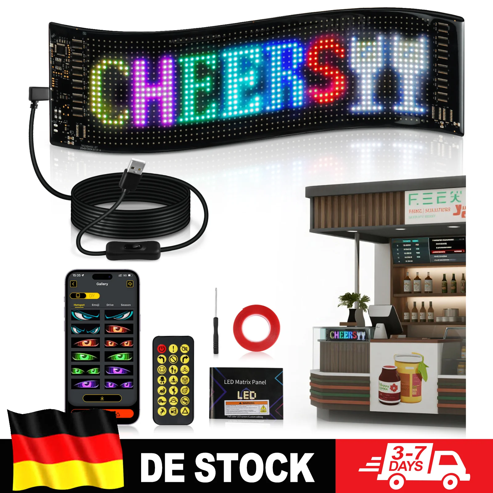 BEVINSEE Programmierbares LED-Windschutzscheiben-Display APP & Fernbedienung Matrix-Panel Benutzerdefinierter Text Animation 5V Auto-Ambientebeleuchtung