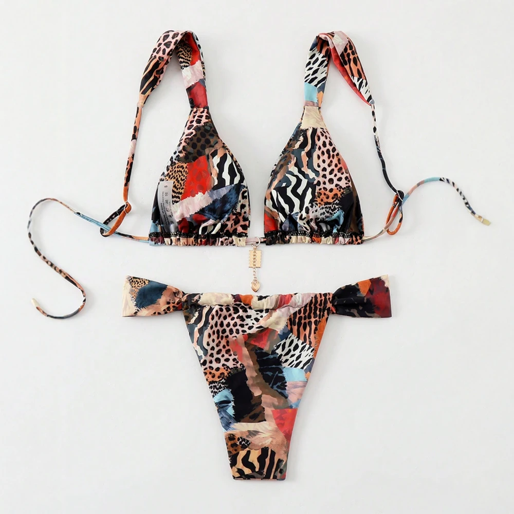 البيكينيات مجموعة قلادة قطعتين زخرفة المعادن مثلث ثونغ ملابس الصيف مثير المرقعة مجموعة للنساء #3